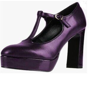 Maiyang Purple Round Toe T-Strap Platform Mary Jane Pumps Ankle Buckle Shoes